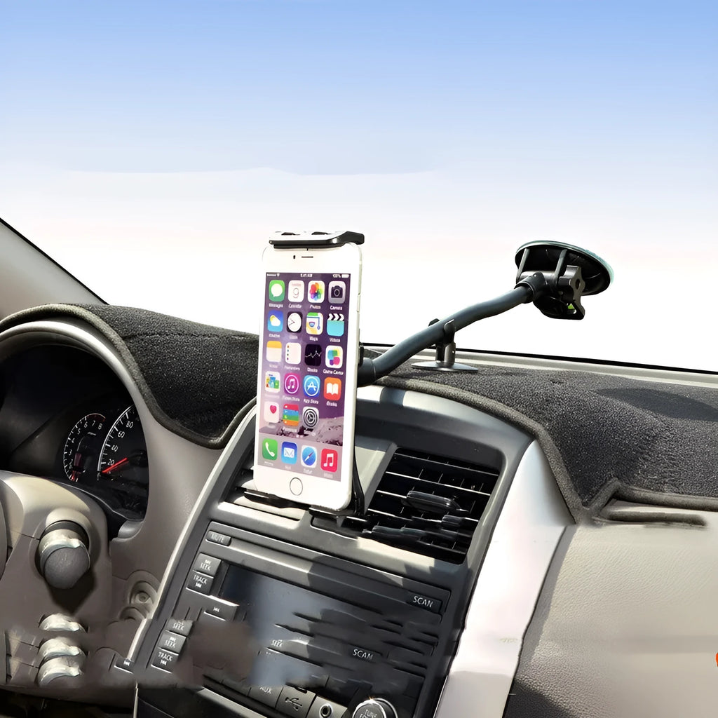 Black vehicle-mounted tablet holder with extendable suction cup rod and lifting bracket for 4-12 inch devices