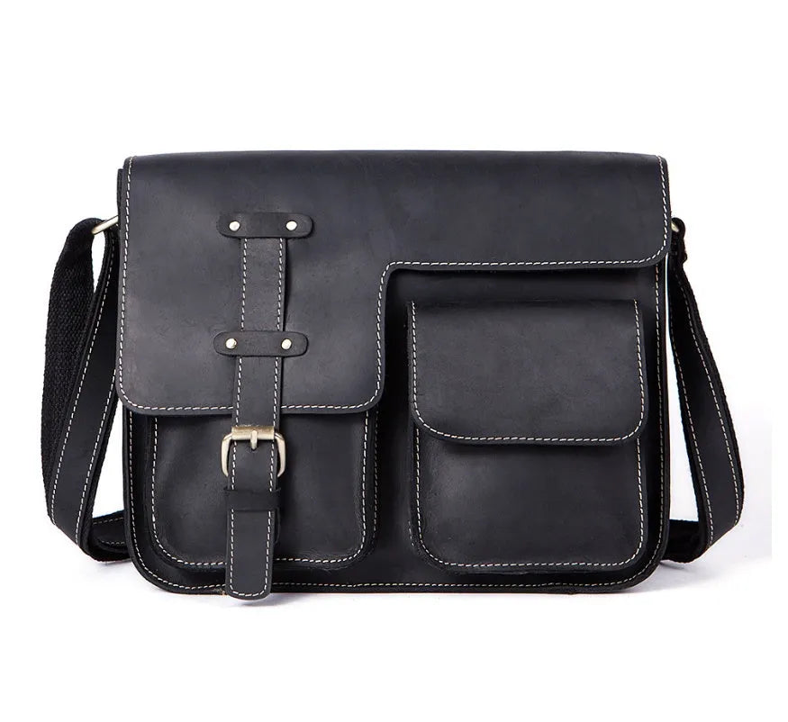 Vintage brown leather messenger bag with crossbody strap and front flap closure