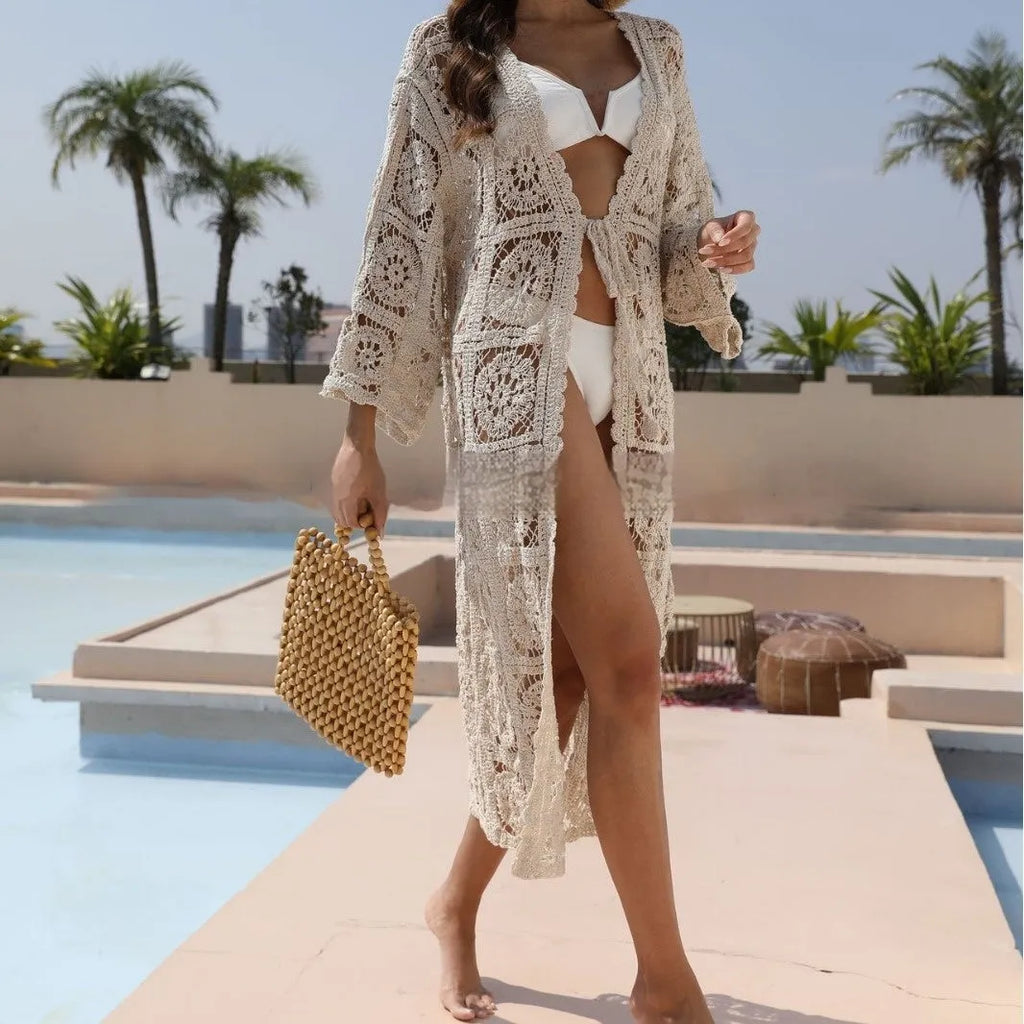 Loose apricot cotton embroidered long sleeved sun protection shirt for women, free size, beachwear