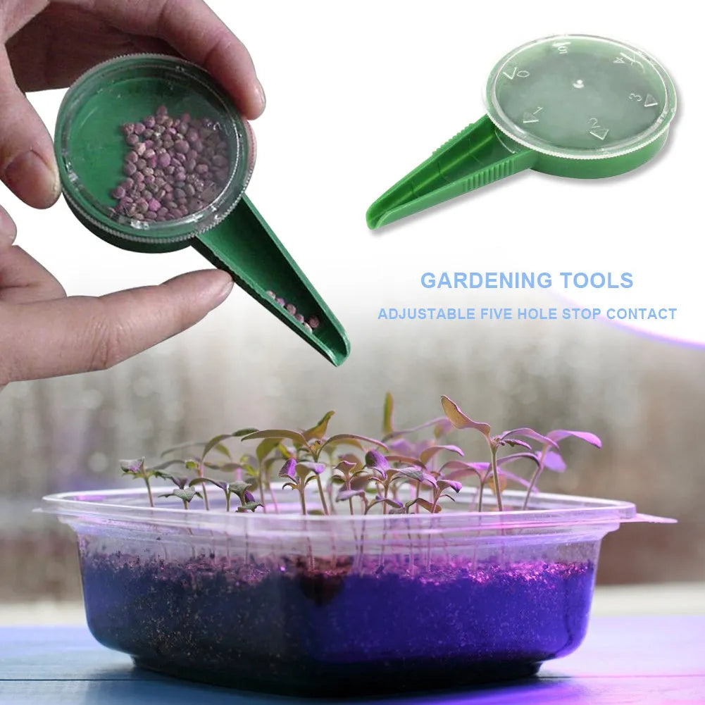 5-speed adjustable plastic seed sower in green with transparent body, 12cm length, for gardening planting