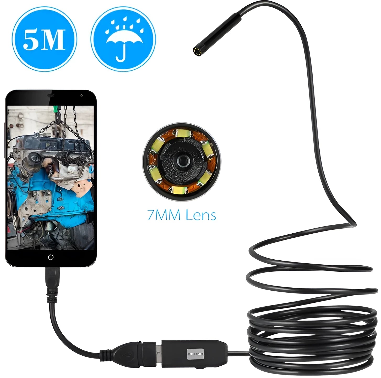 OWSOO USB endoscope camera with 5m cable, hook, magnet, and side mirror accessories for phone and PC inspection.