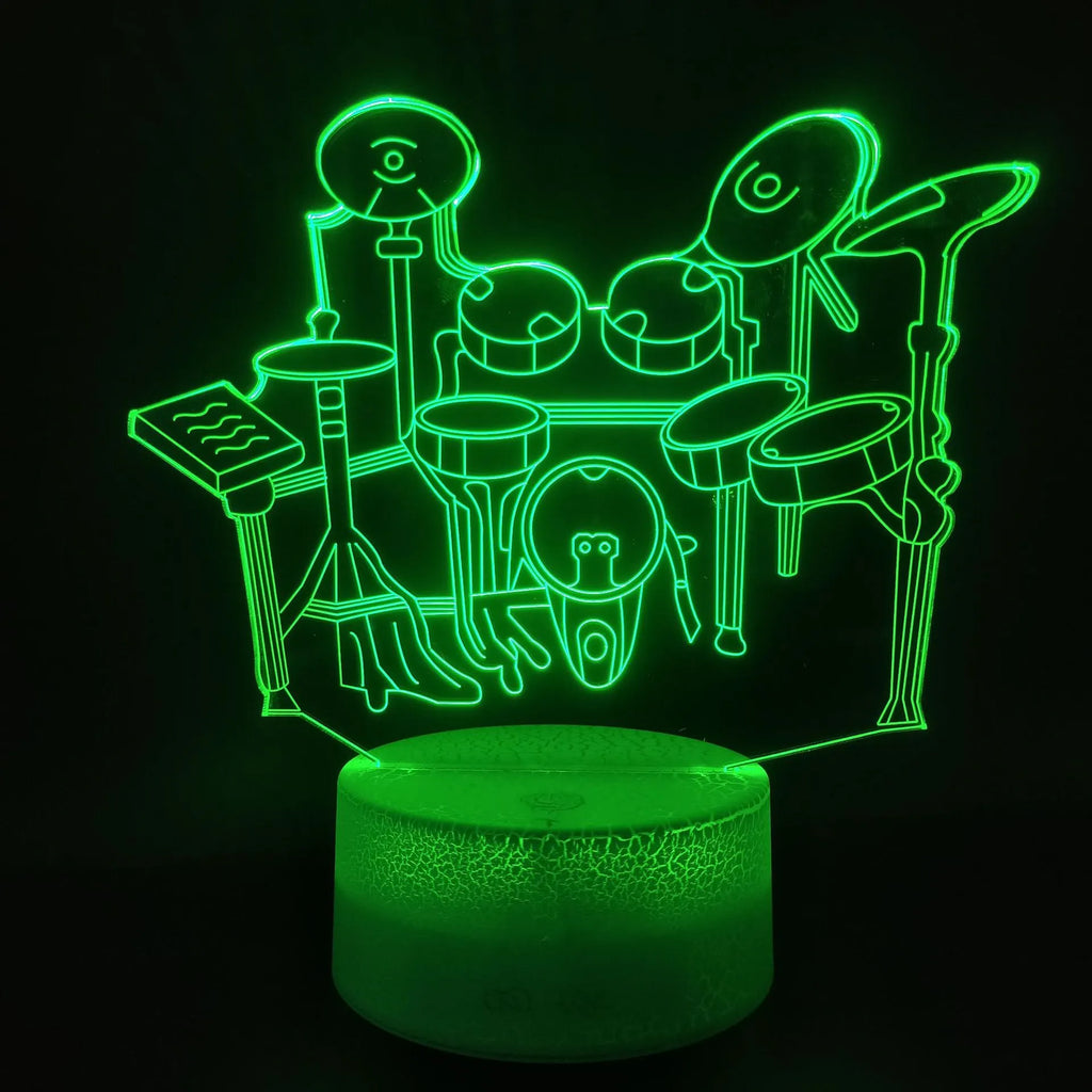 3D drum kit night light showing seven colour options on acrylic board with ABS base and USB cable
