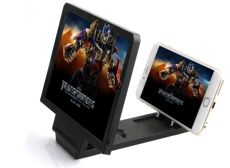 Portable 18cm screen amplifier for mobile phones and tablets, available in black or white, folded for travel