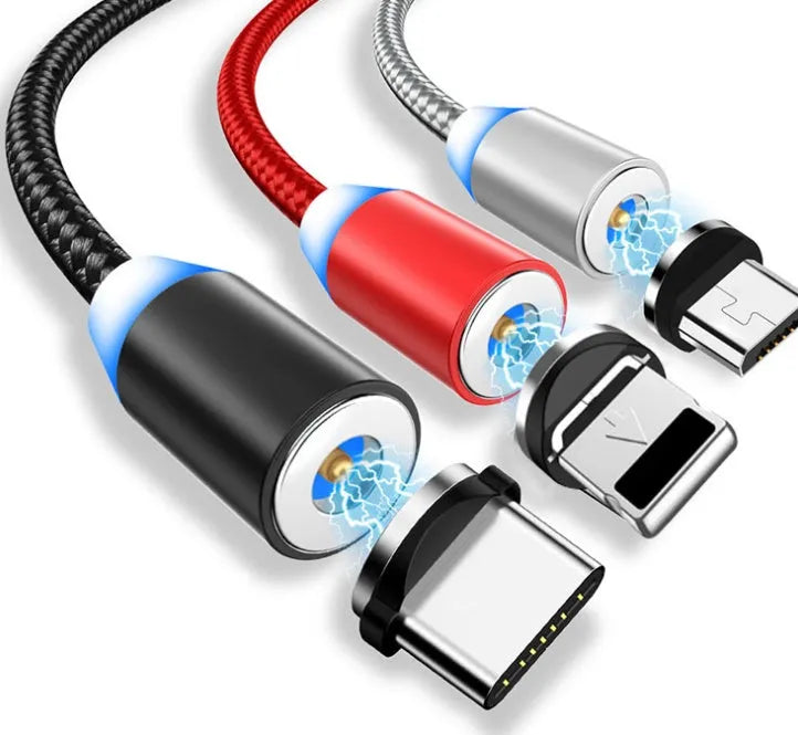 YBD 1 metre magnetic charging cable with cotton woven sheath and LED light, showing Lightning, Micro USB, and Type-C connectors.