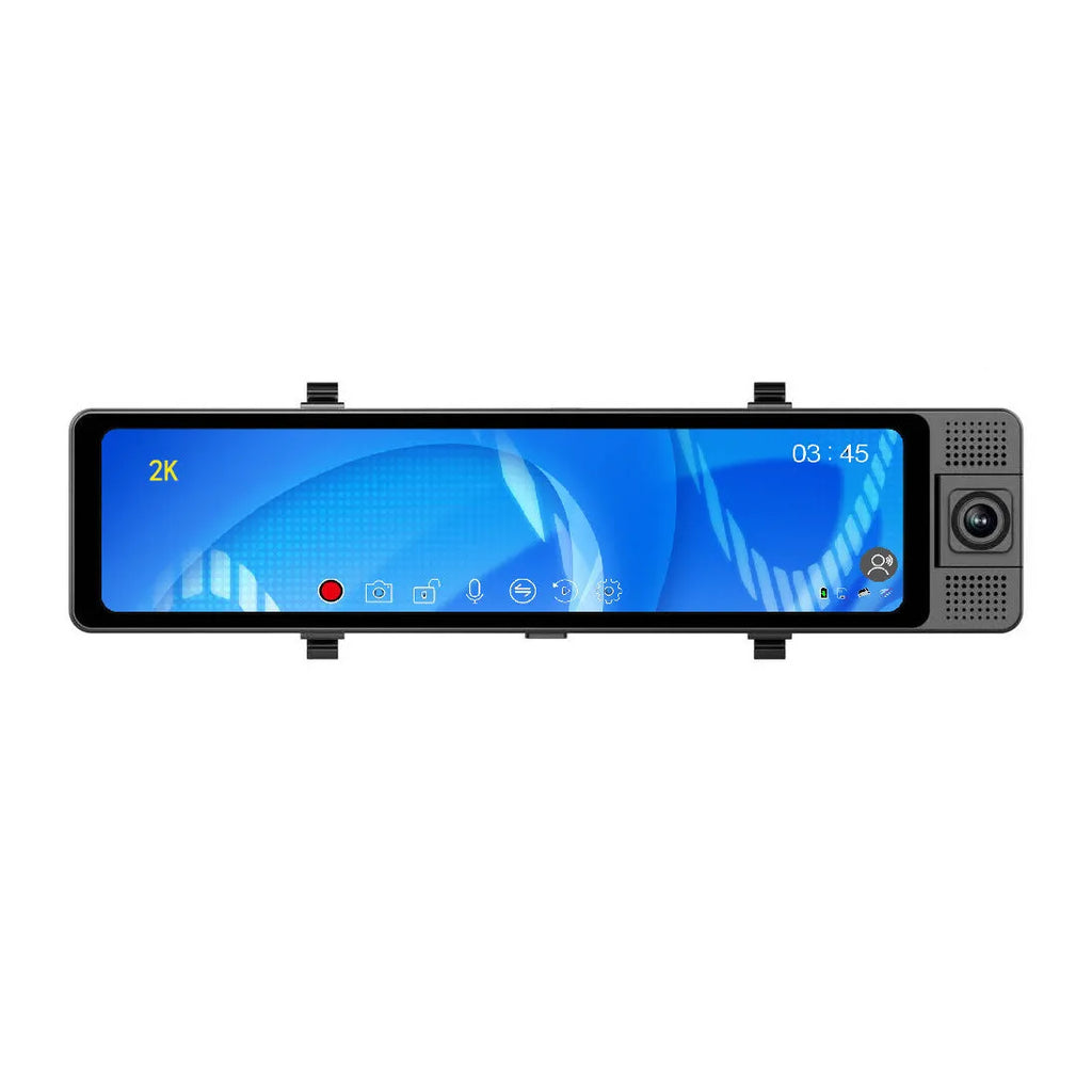 12-inch three-lens 2K HD rearview mirror driving recorder with touchscreen and voice control mounted in car