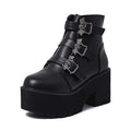 Black women's punk Martin boots with bat buckle, thick heel, and side zipper.