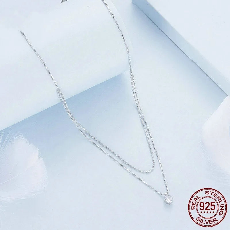 Women's S925 sterling silver double-layer necklace with pearl chain in shining silver colour