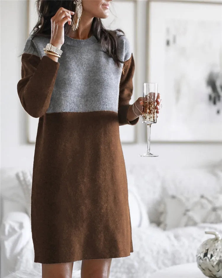 Brown women's sweater dress with patchwork collar detail and long sleeves