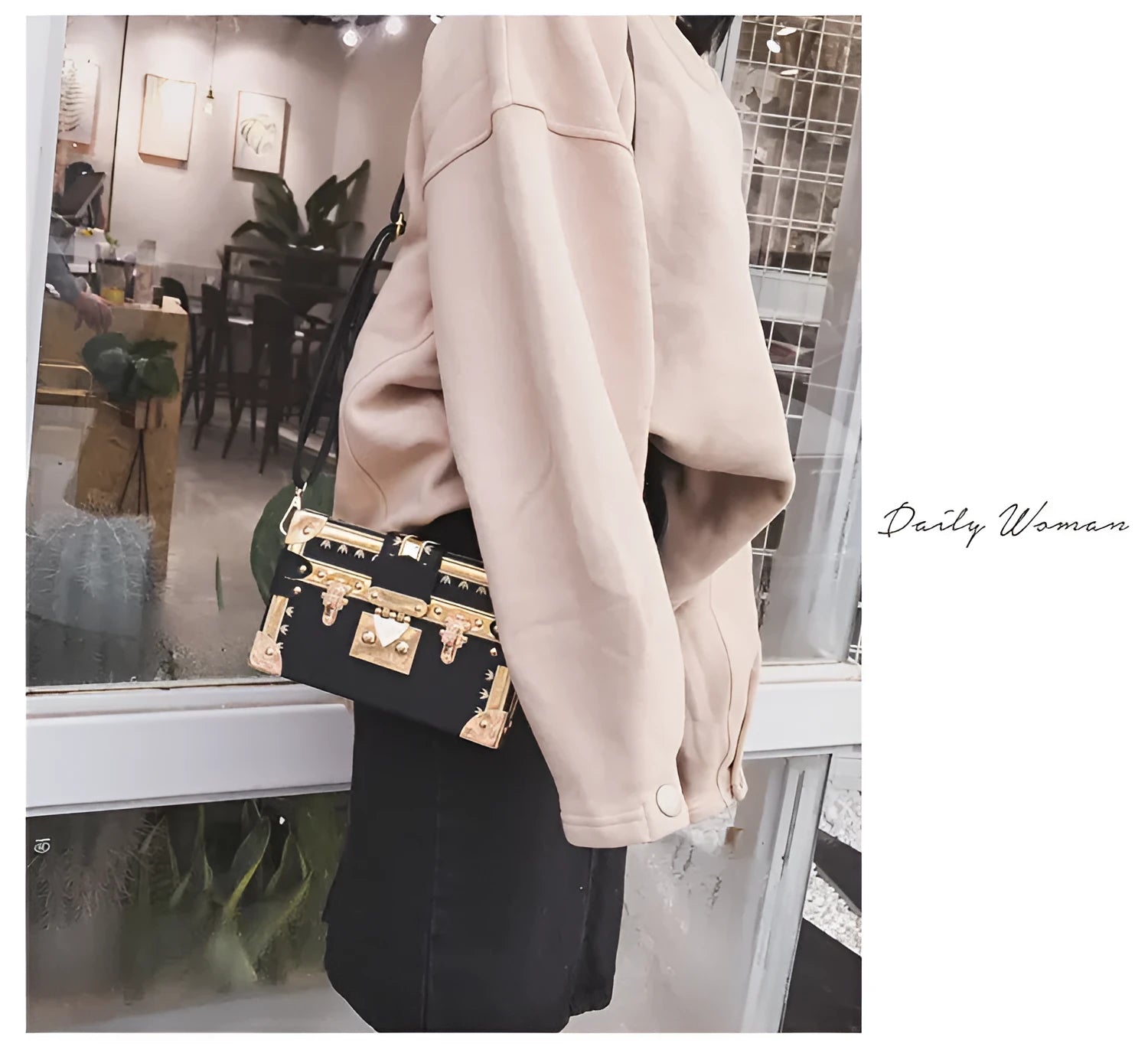 Women's hard black PU shoulder bag with flap, hasp closure, and rivet detail on a solid background.