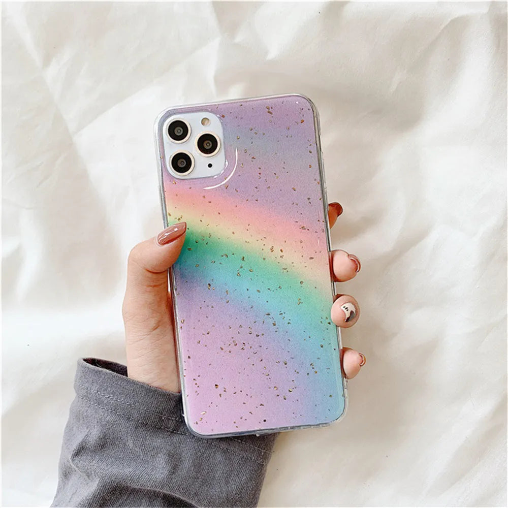 Rainbow gradient coloured TPU phone case with stripe design for iPhone models.