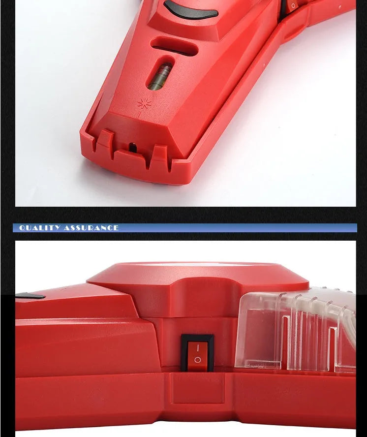 Red portable laser positioning level tool with punching function for woodworking.