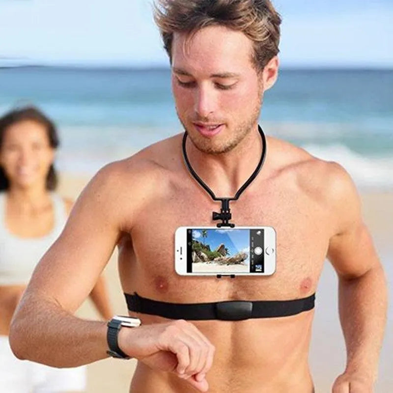 Wearable phone holder neck mount in black for hands-free smartphone video recording