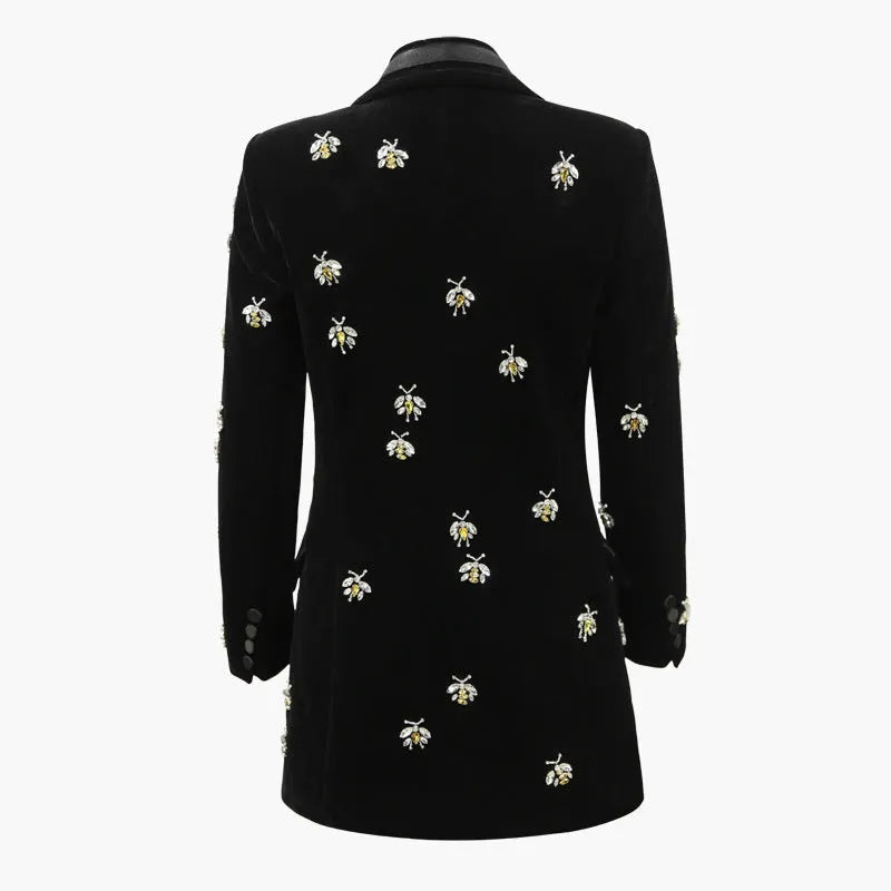 Black velvet blazer with animal print pattern, cashmere blend, slim fit, suit collar, long sleeves