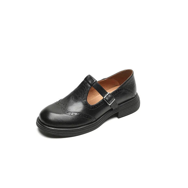 Women's black flat shoes with sheepskin upper, round toe, and flat sole in British style