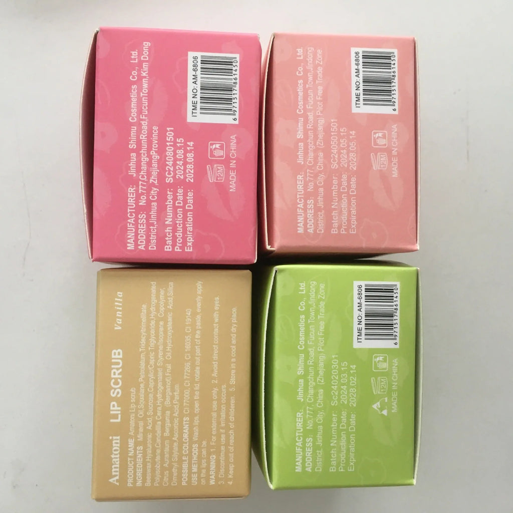Amatoni Lip Scrub jar in one of four flavours: Coconut, Raspberry, Vanilla, or Watermelon, 30g net weight.