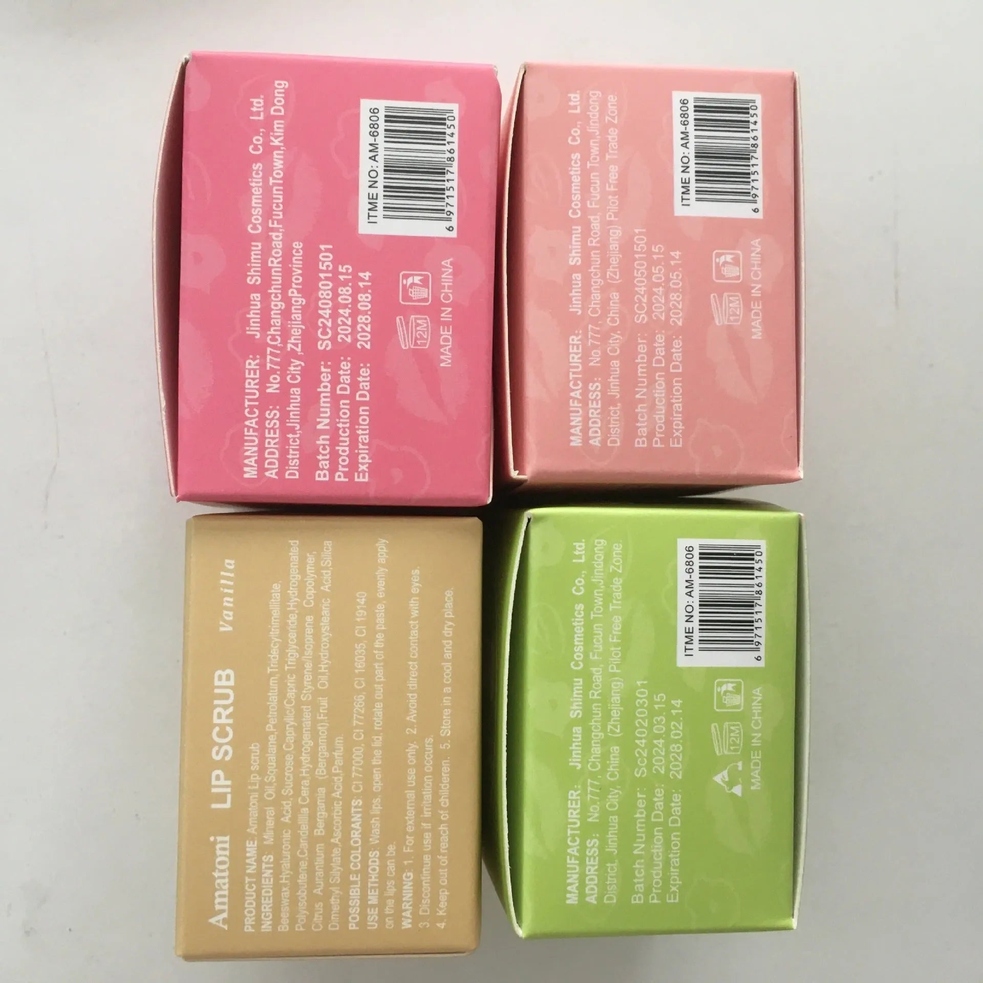 Amatoni Lip Scrub jar in one of four flavours: Coconut, Raspberry, Vanilla, or Watermelon, 30g net weight.