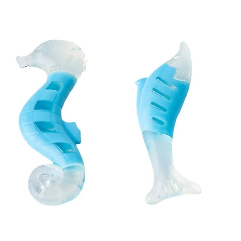 Two dog chew toys: seahorse and tuna shapes made from PU nylon with textured surfaces for teeth cleaning, each 15cm long