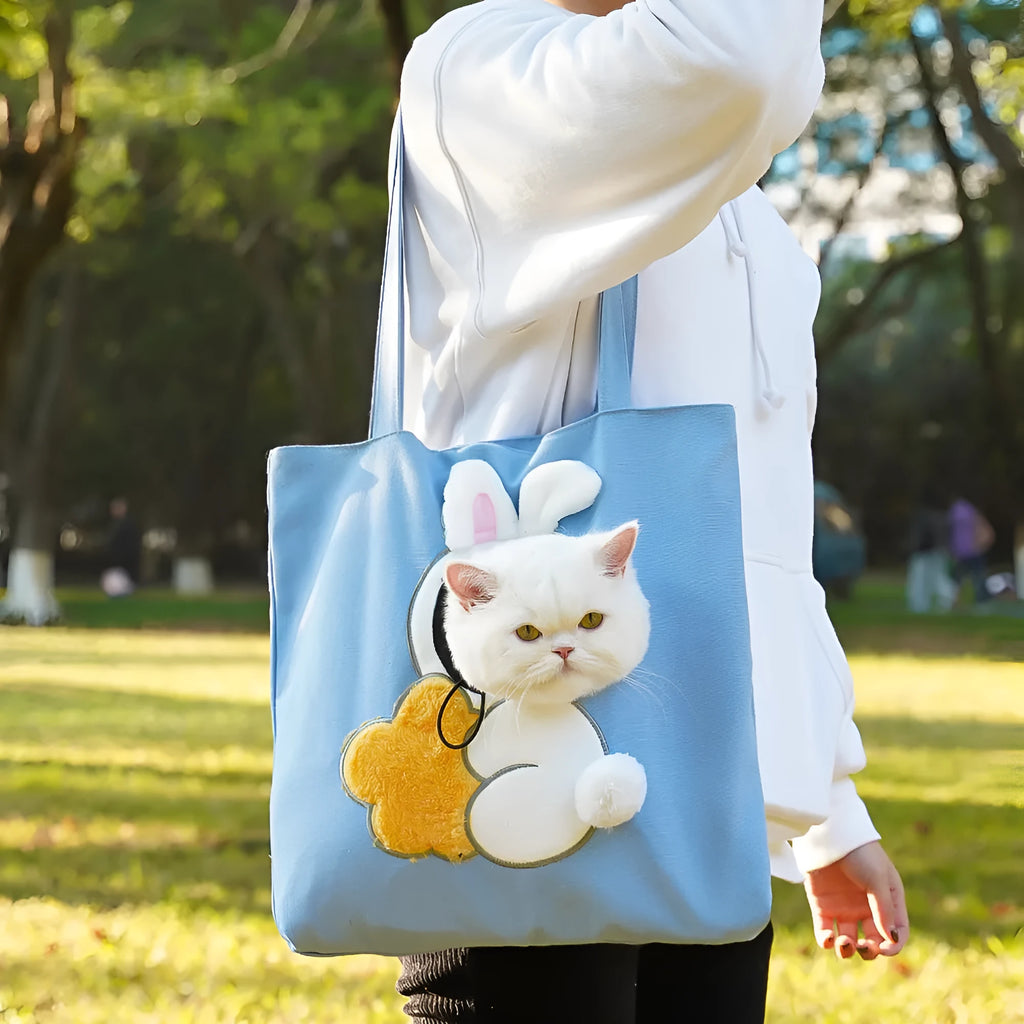 Canvas shoulder pet carrier bag with cartoon print for small cats and dogs