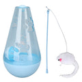 Blue cat toy with bell ball and treat dispenser, plush mouse stick, 30cm tall, on floor