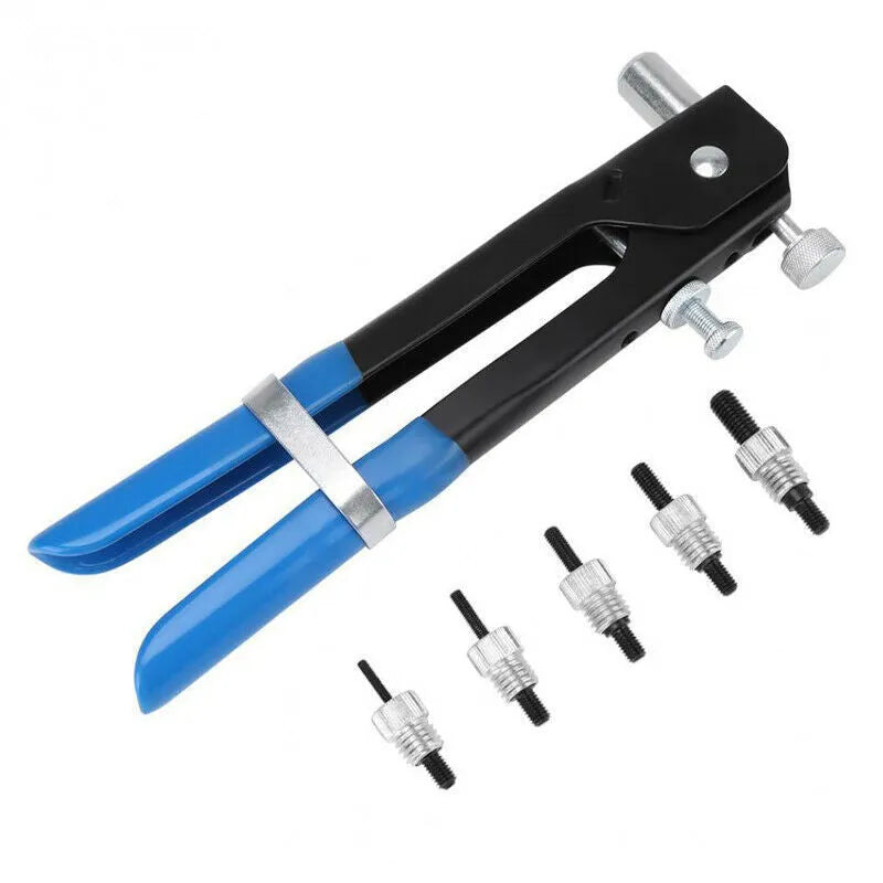 Alloy steel manual riveter nut tool set with replacement mandrels and rivet nuts