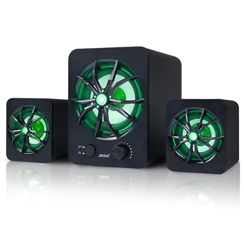 Green 2.1 USB computer speaker with glowing colourful lights and dual connectivity ports