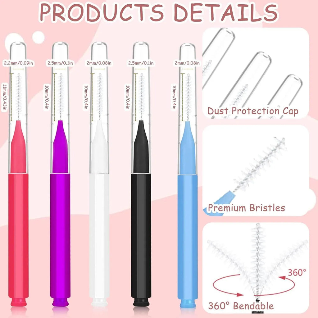 Micro eyebrow and lash brush set with caps in five colours including black and purple, with spoolies and angled brushes