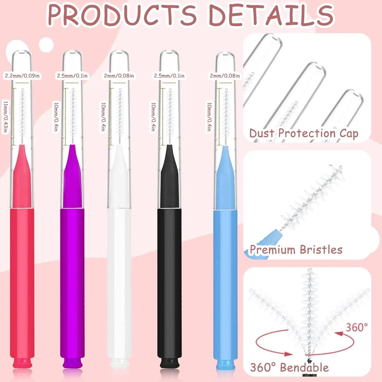 Micro eyebrow and lash brush set with caps in five colours including black and purple, with spoolies and angled brushes