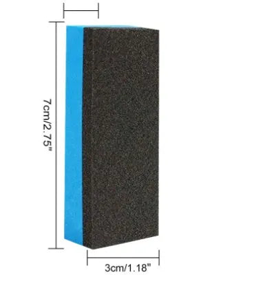 100ml and 30ml car iron powder remover spray bottles with blue square sponge and towel on a car panel.