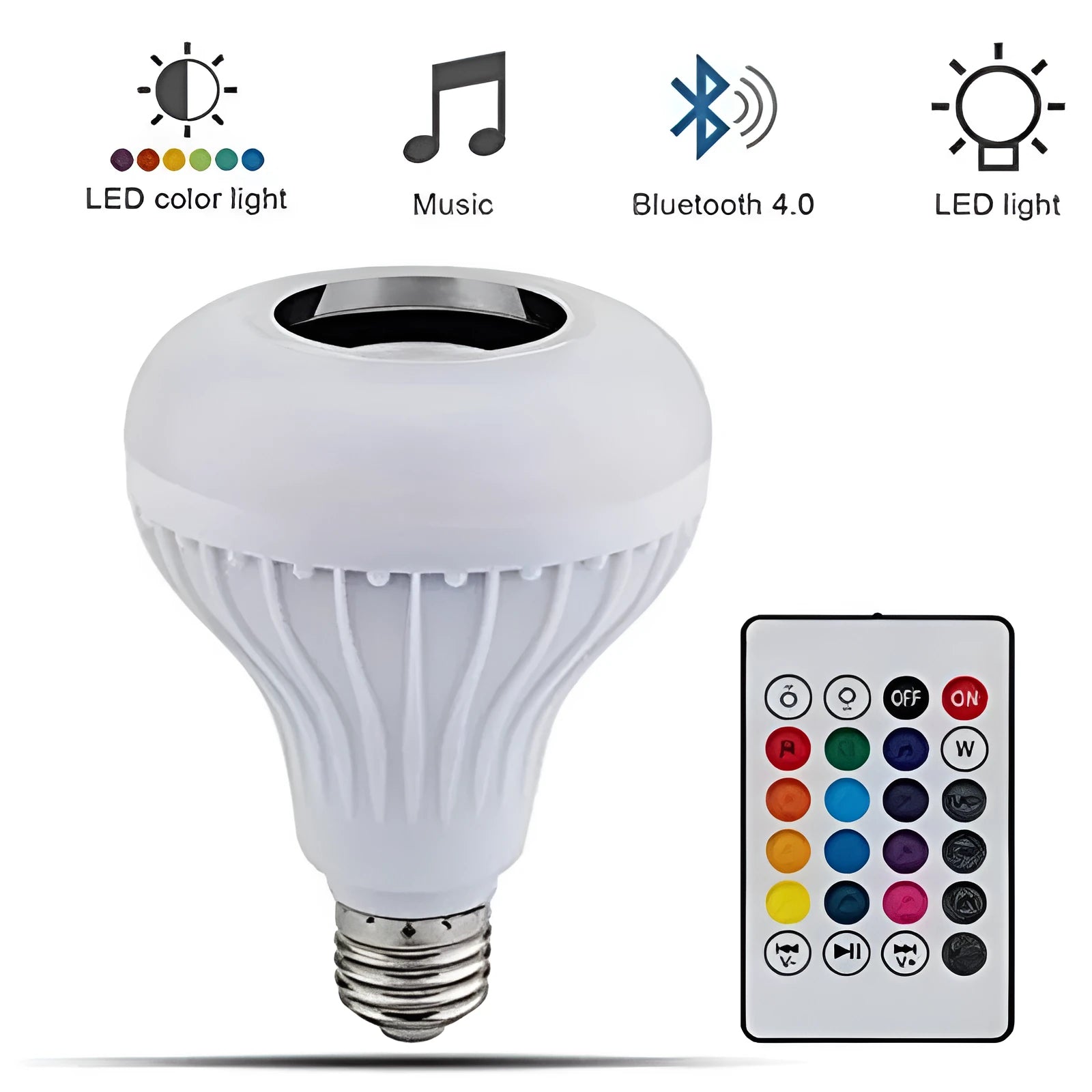 White smart LED Bluetooth speaker light bulb with E27 screw base for colour-changing mood lighting.