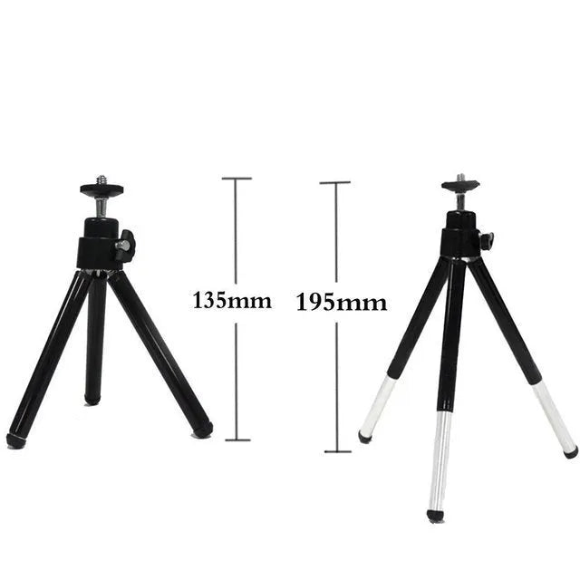 Black universal mini flexible tripod stand with extendable legs and phone clip for cameras and smartphones