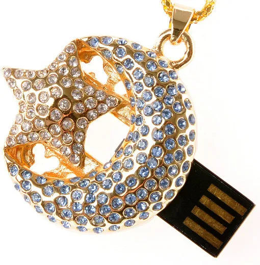 Metal USB flash drive with USB 2.0 connector showing capacity options from 2GB to 64GB