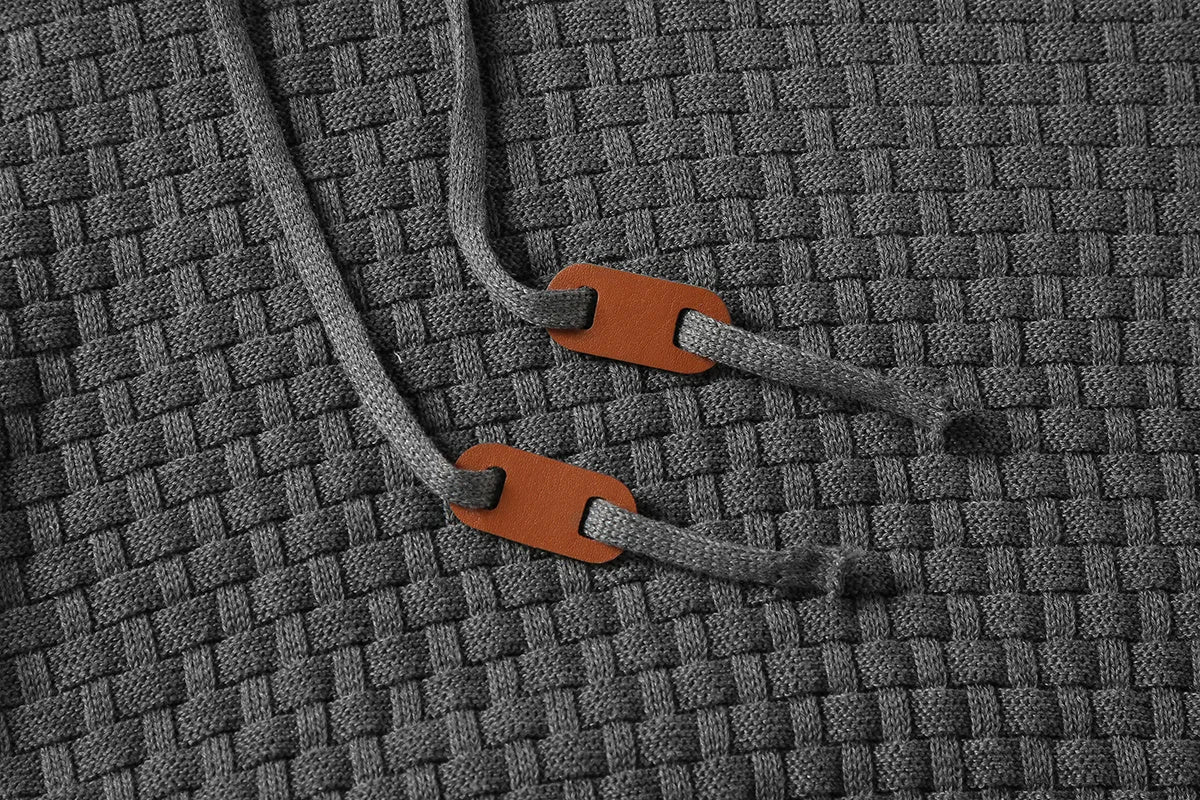 Men's cotton-polyester blend hoodie sweater on a hanger, shown in one of nine available colours.