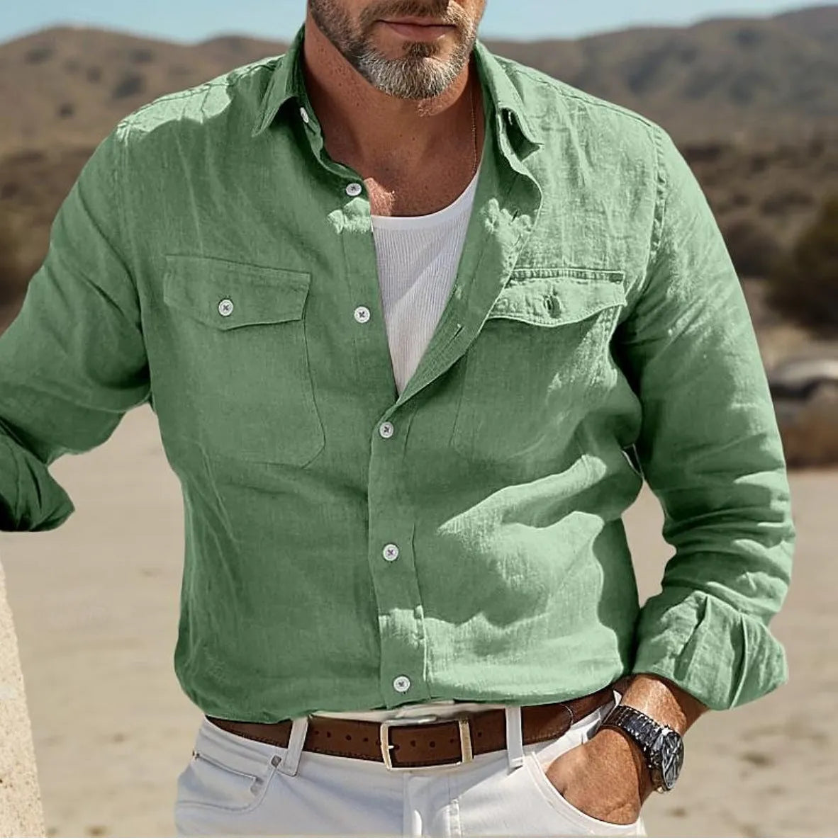 Men's long-sleeved cotton summer shirt in loose fit available in green, sky blue, khaki and white colours