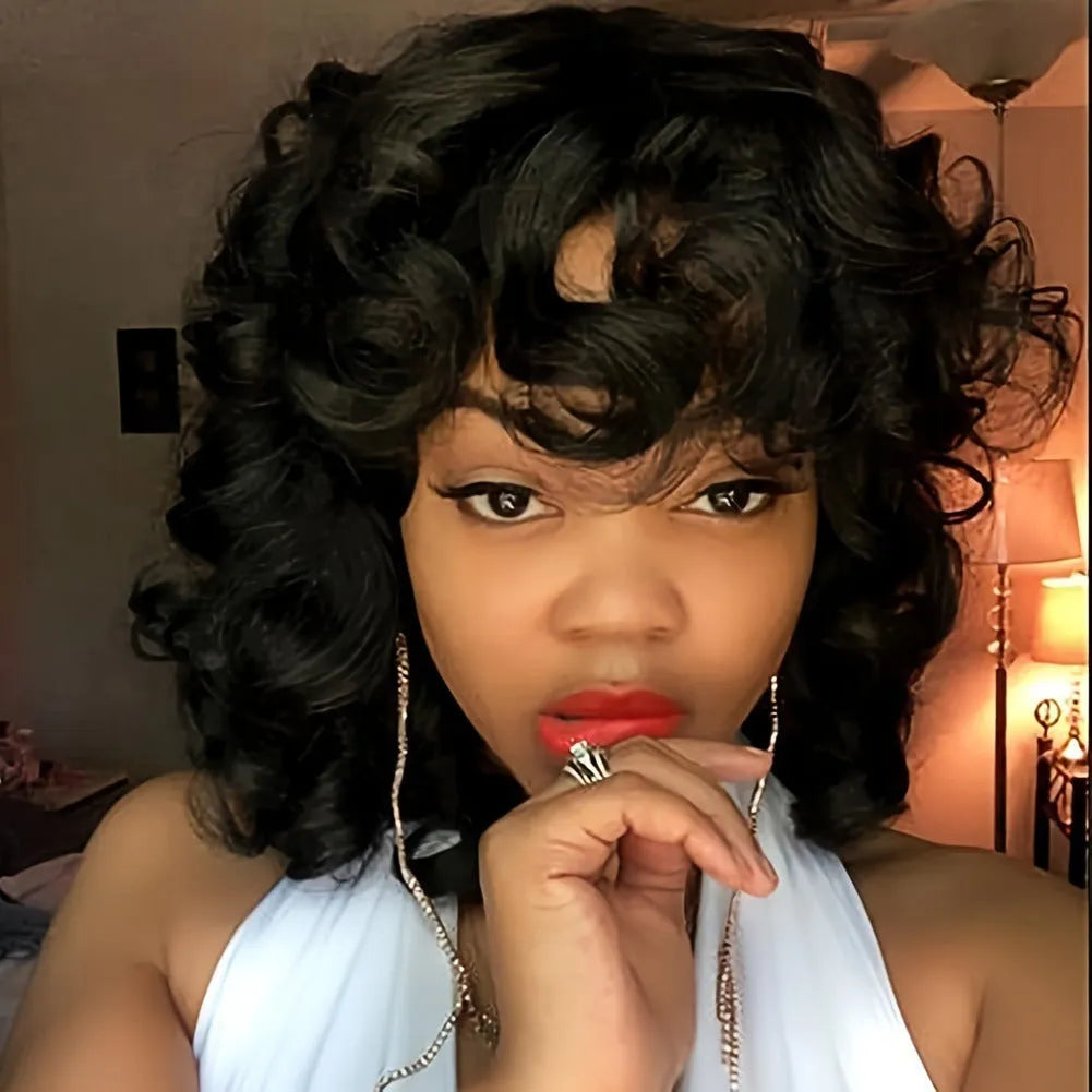 Women's long curly Afro wig in black, synthetic high temperature fibre, suitable for any face type