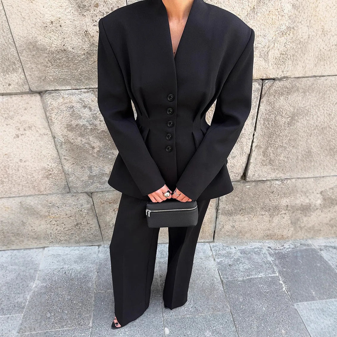 Black long sleeve V-neck pleated waist suit jacket and trousers two-piece set for women polyester solid colour