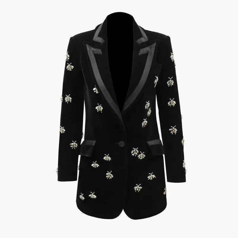 Black velvet blazer with animal print pattern, cashmere blend, slim fit, suit collar, long sleeves