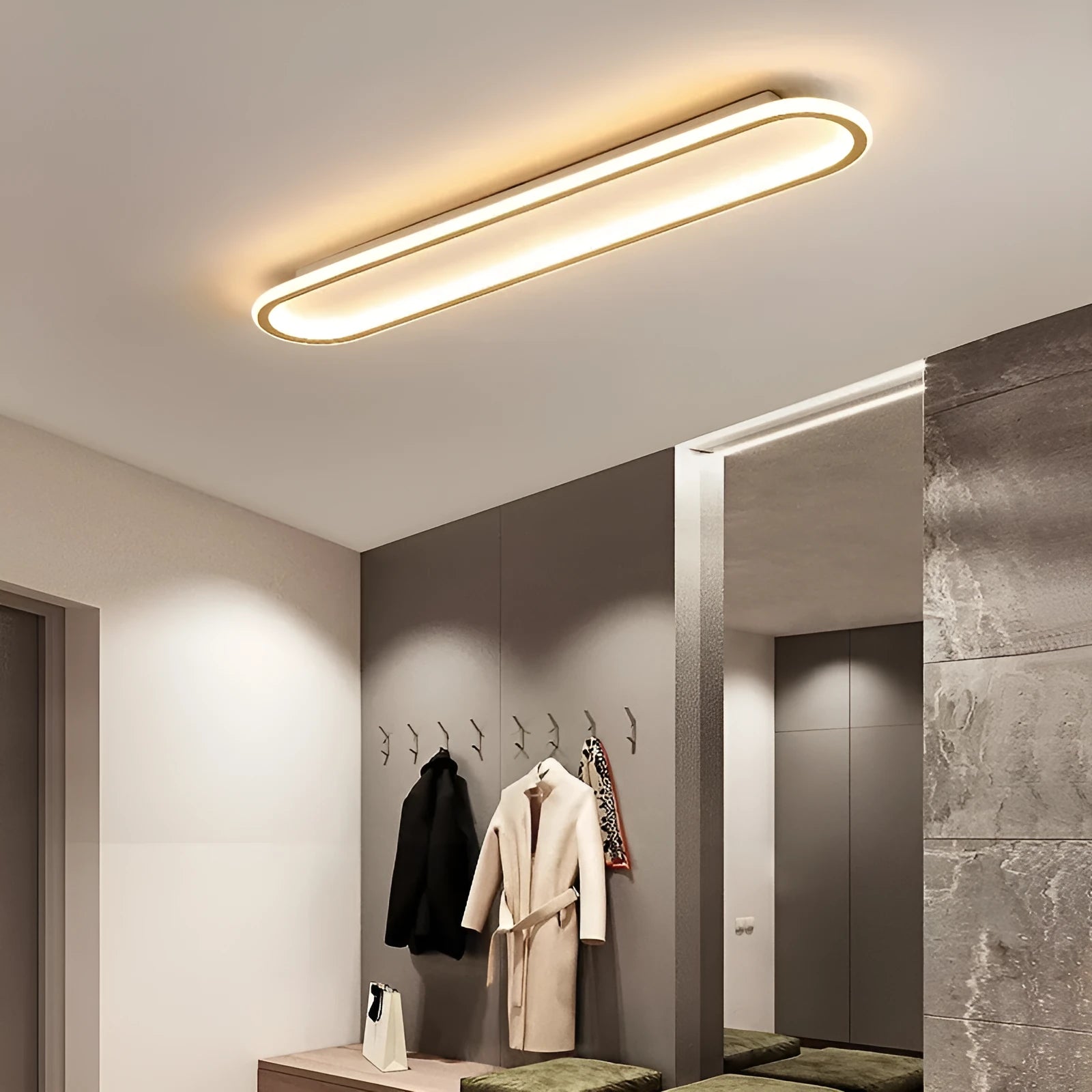 Minimalist strip ceiling lamp with aluminium body and PVC shade in black white gold colours