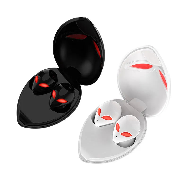 Creative Outer T8 Starman alien design wireless Bluetooth earphones in black and white with charging case.
