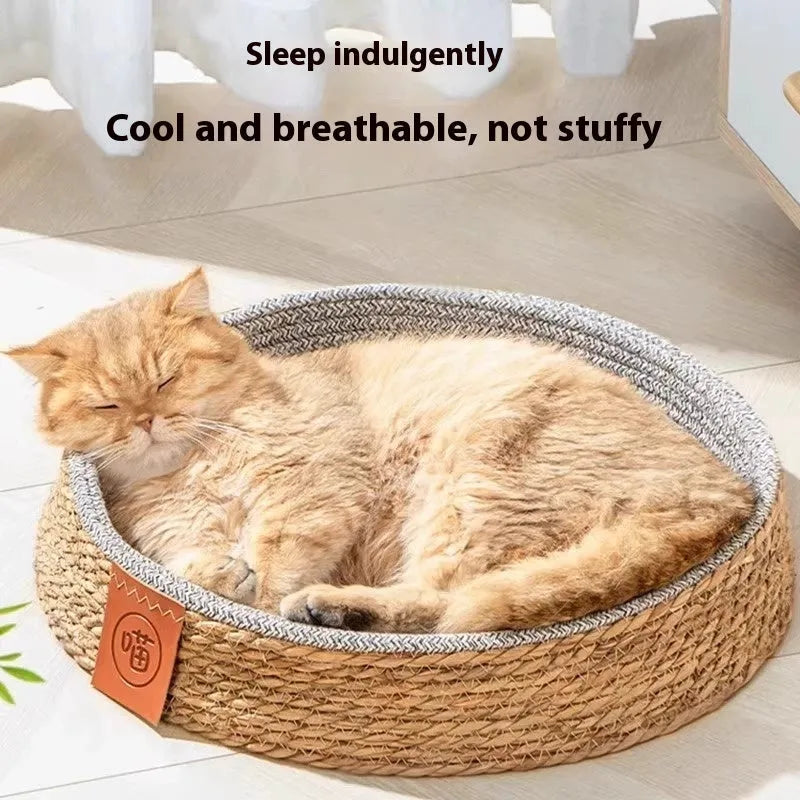 Rattan woven cat nest basket with cushion in natural material