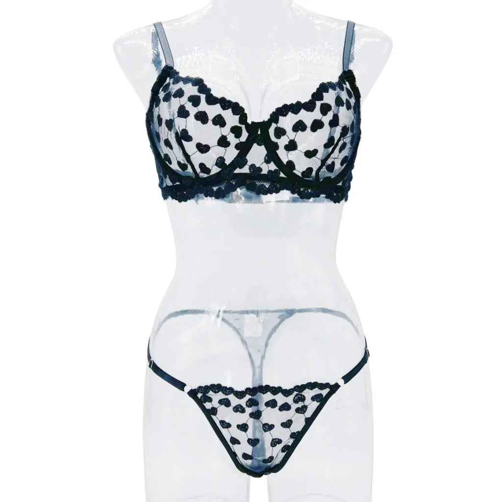 Romantic Love multi-color mesh women's suit set in black or red polyester, top and pants on model