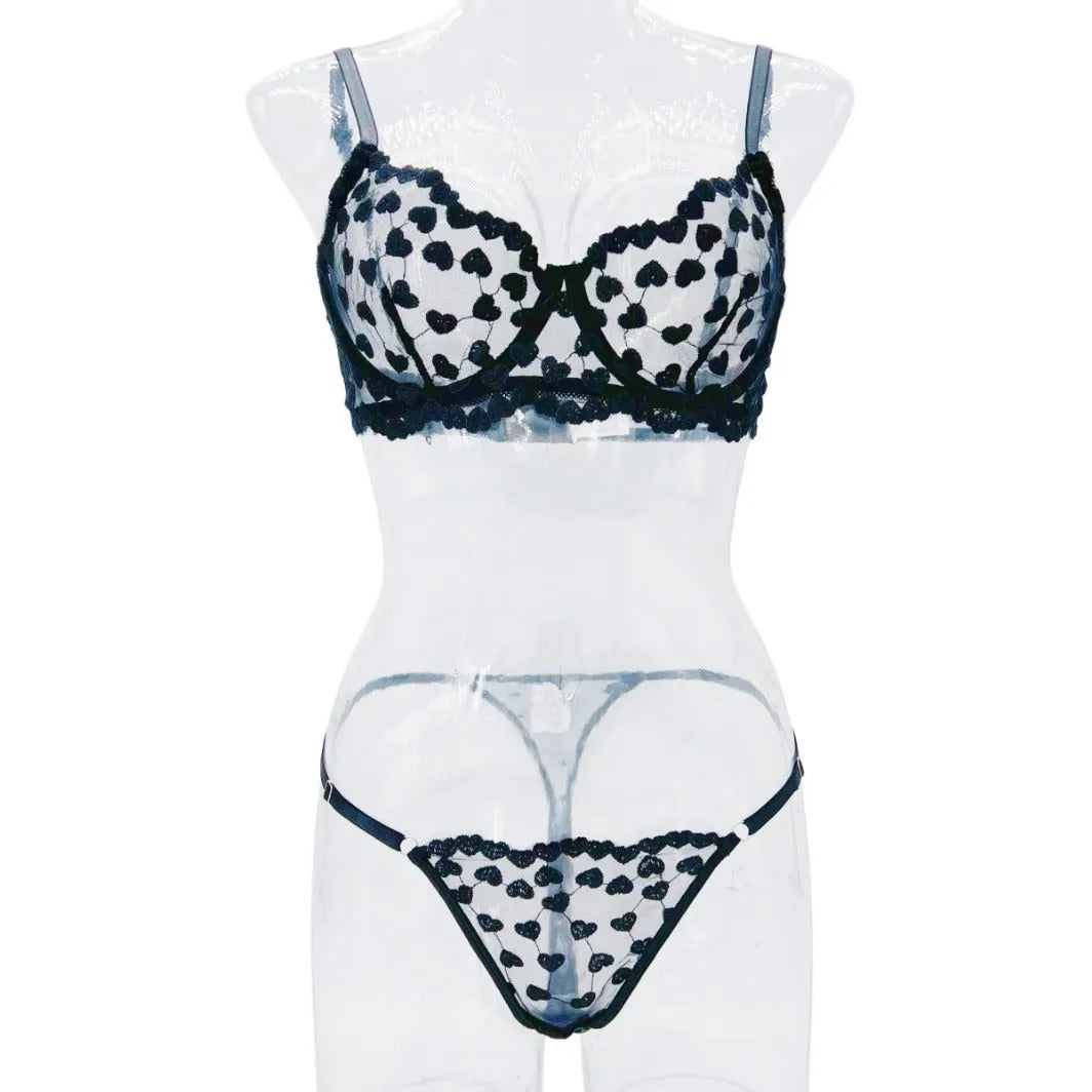 Romantic Love multi-color mesh women's suit set in black or red polyester, top and pants on model