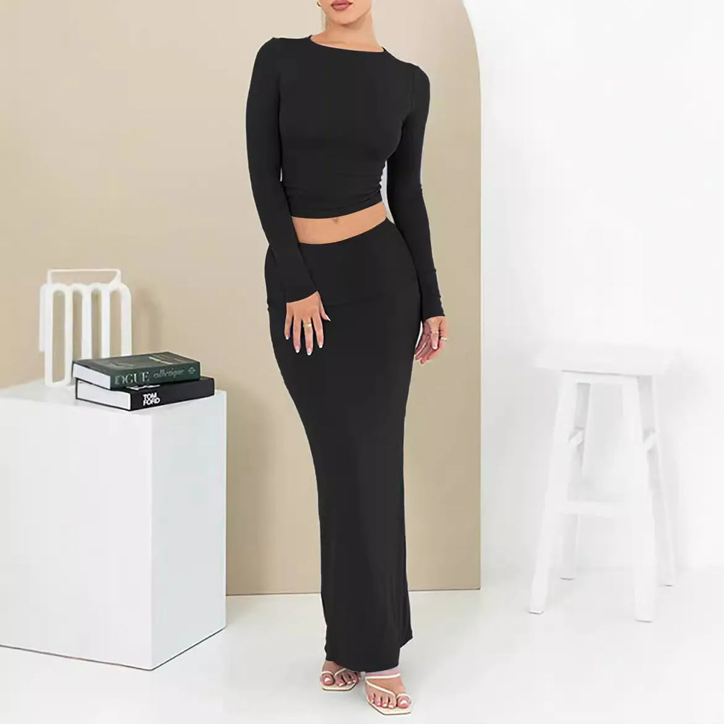 Women's autumn slim fit two-piece suit with long skirt and three-quarter sleeves