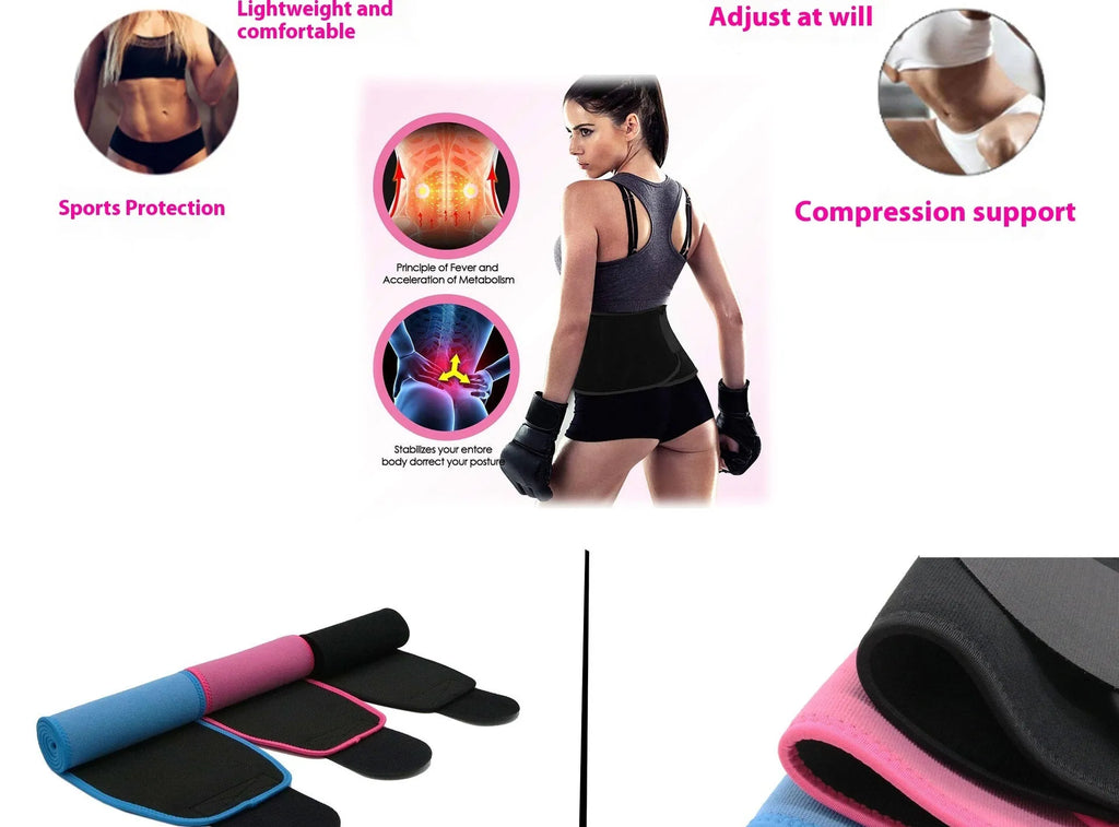 Neoprene lumbar support belt in black, blue, and pink colours for fitness and running
