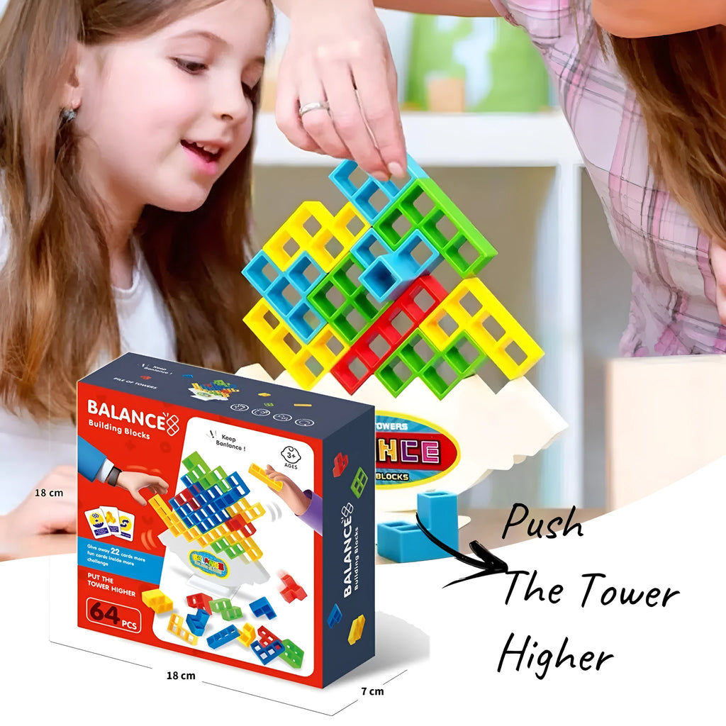 Plastic balance stacking game with 16 coloured blocks, chassis and base for family travel parties