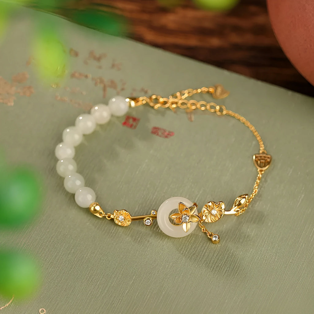 Hetian jade peace buckle bracelet in gold-plated 925 silver with lotus pattern for women