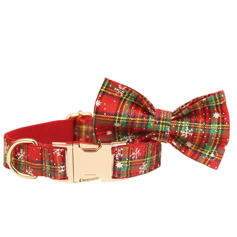 Red snowflake Christmas pet collar set with plaid rope leash and bowknot flowers on cloth vest for small dogs
