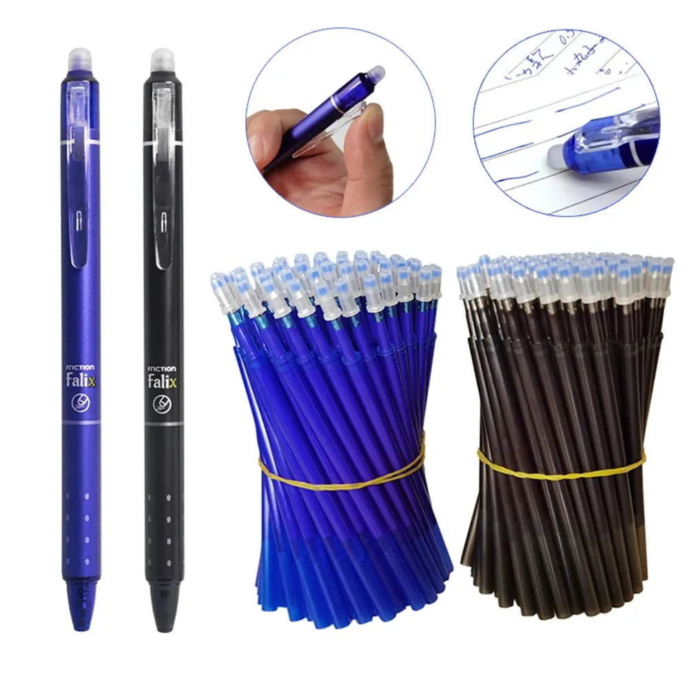 Hot erasable gel pen with 0.5mm stainless steel nib and plastic shell in blue or black refill options