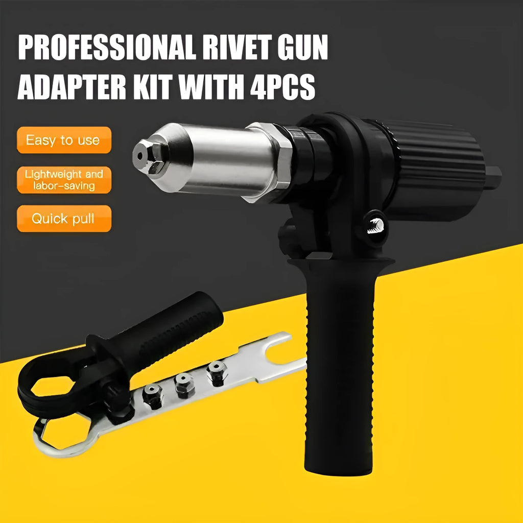 Electric drill rivet gun adapter with alloy steel body and four rivet heads on a workbench