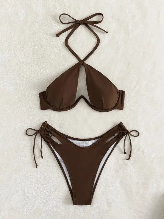 Women's halter bikini set briefs bottom solid colour black backless swimsuit polyester spandex lining