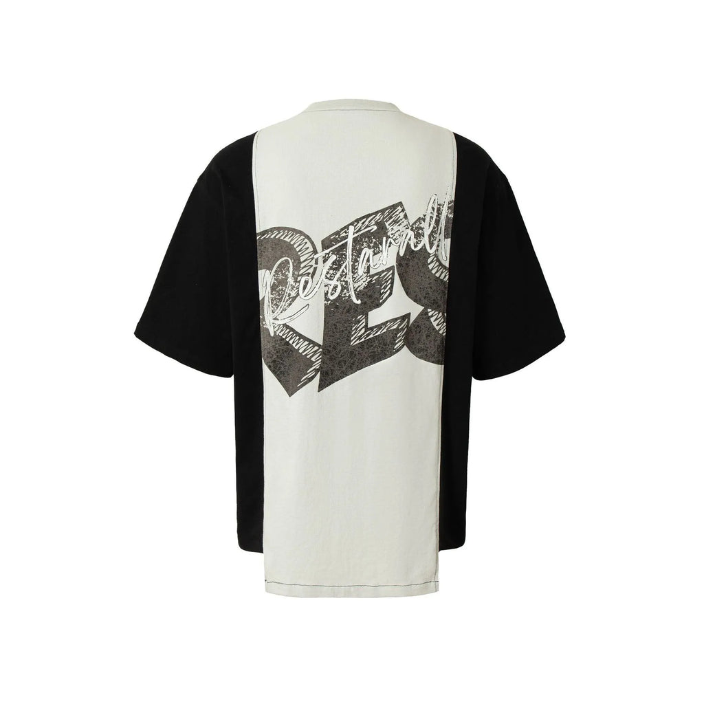 Black and white deconstruction collage printed t-shirt with short sleeves and loose fit.